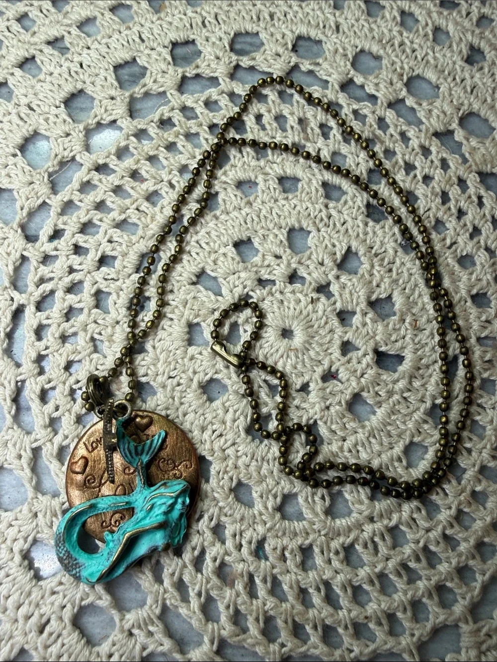 Bronze Mermaid Pendant 26” Necklace with Turquoise Patina